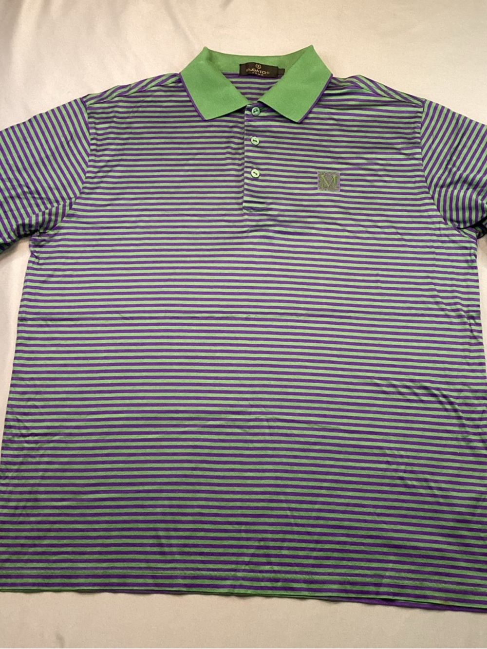 Bugatchi Uomo Men’s Polo Shirt L Purple Green Stripe Golf Pima Cotton Logo EUC